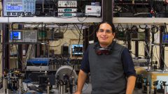 Eden Figueroa in his Quantum Information Technology lab at Stony Brook University. A "twin" version of this laboratory is housed within the Instrumentation Division at Brookhaven National Laboratory. 
Photo: John Griffin